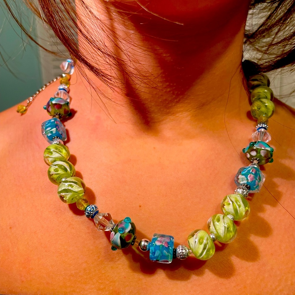 Blue & green chunky bead necklace